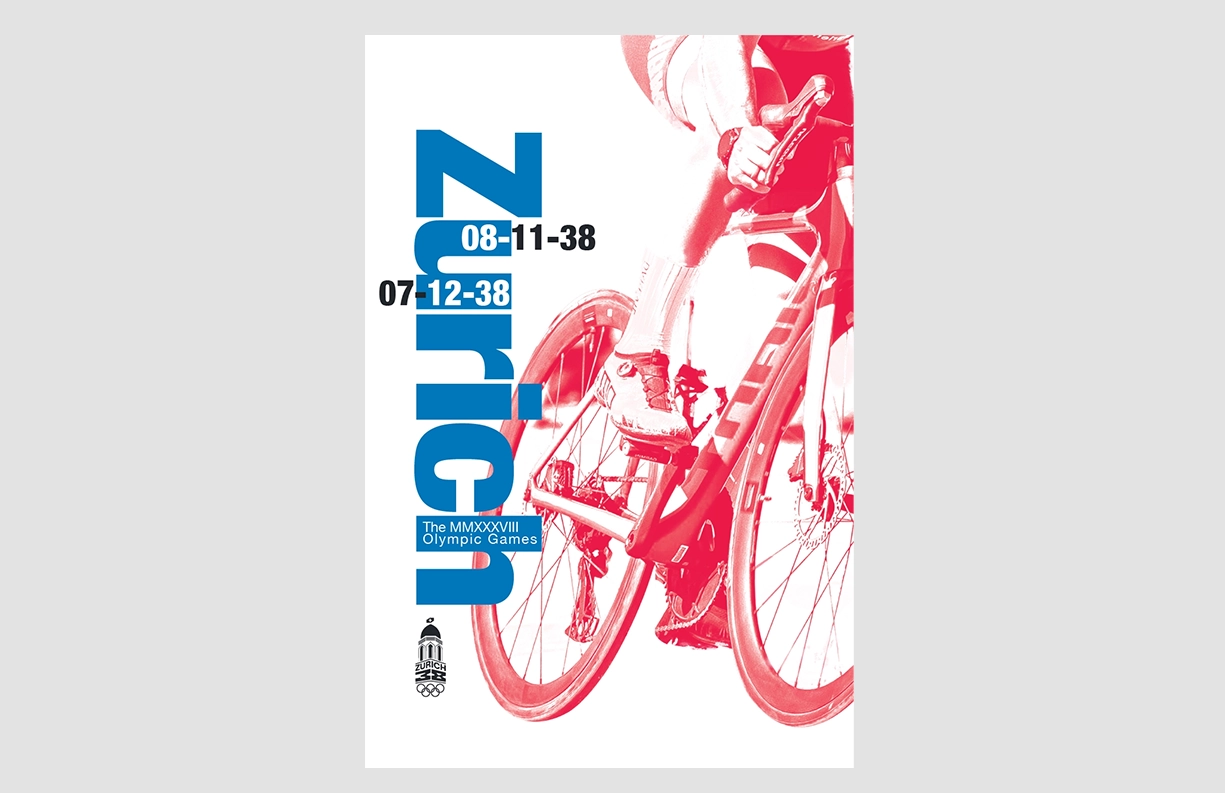 Poster design for the Zurich 2038 Winter Olympic Games featuring a cyclist in action, captured in red halftones on a clean white background. The bold vertical blue typography reads ‘Zurich,’ with the event dates ‘07-12-38’ and ‘08-11-38’ prominently displayed in black and white. The Zurich Olympic logo appears at the bottom, incorporating Swiss design principles of minimalism and precision.