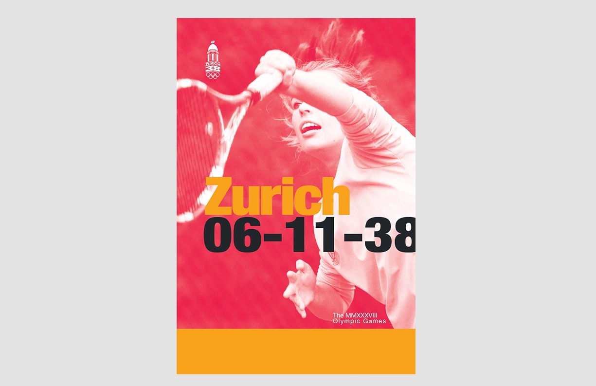 Poster design for the Zurich 2038 Olympic Games featuring a tennis player in action, captured with a vibrant red halftone effect. Bold yellow and black typography highlights the text ‘Zurich 06-11-38,’ with the Zurich Olympic logo positioned prominently at the top. A minimalist orange stripe at the bottom anchors the composition, reflecting Swiss-inspired precision and dynamic energy.