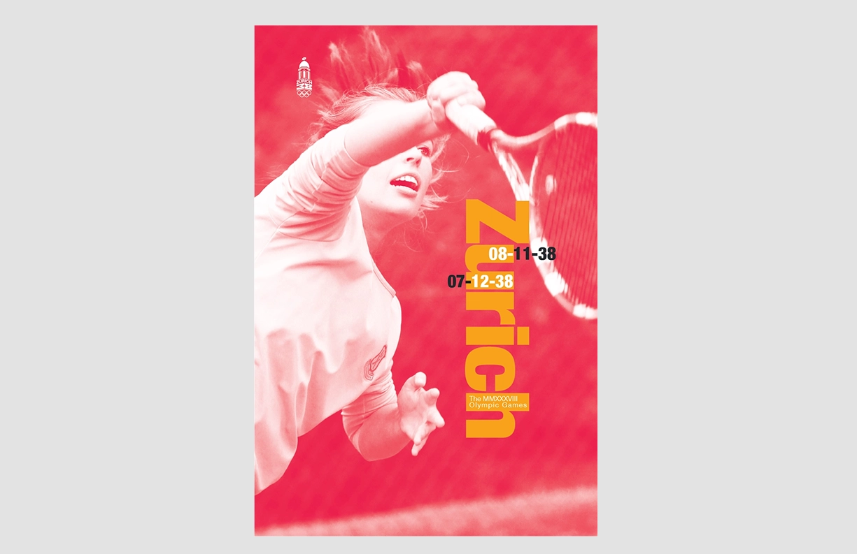 A bold and dynamic poster for the Zurich 2038 Winter Olympic Games featuring a vibrant red halftone image of a tennis player mid-swing. The design incorporates clean Swiss-inspired typography, with “Zurich” displayed prominently in yellow alongside the event dates “08-11-38” and “07-12-38.” The Zurich Olympic logo is positioned at the top, emphasizing minimalism and energy.