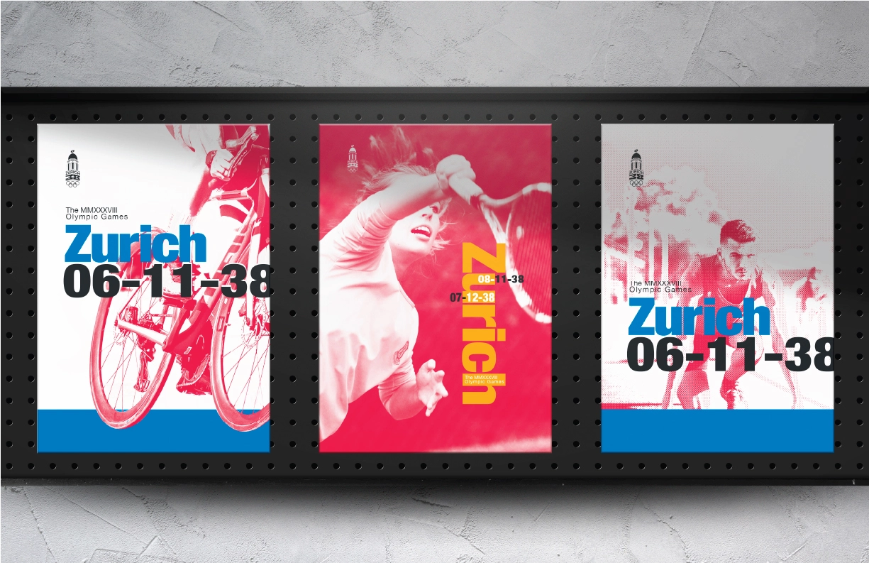 Display of three Swiss-style posters for the Zurich 2038 Winter Olympic Games mounted on a black perforated backdrop. The left poster features a cyclist in motion with bold blue and black typography stating ‘Zurich 06-11-38.’ The center poster showcases a tennis player in a dynamic pose, highlighted with red halftones and vertical yellow typography reading ‘Zurich 08-11-38, 07-12-38.’ The right poster captures a sprinter in action with clean blue and black typography echoing ‘Zurich 06-11-38.’ All posters emphasize Swiss-inspired minimalism, bold colors, and dynamic design elements.