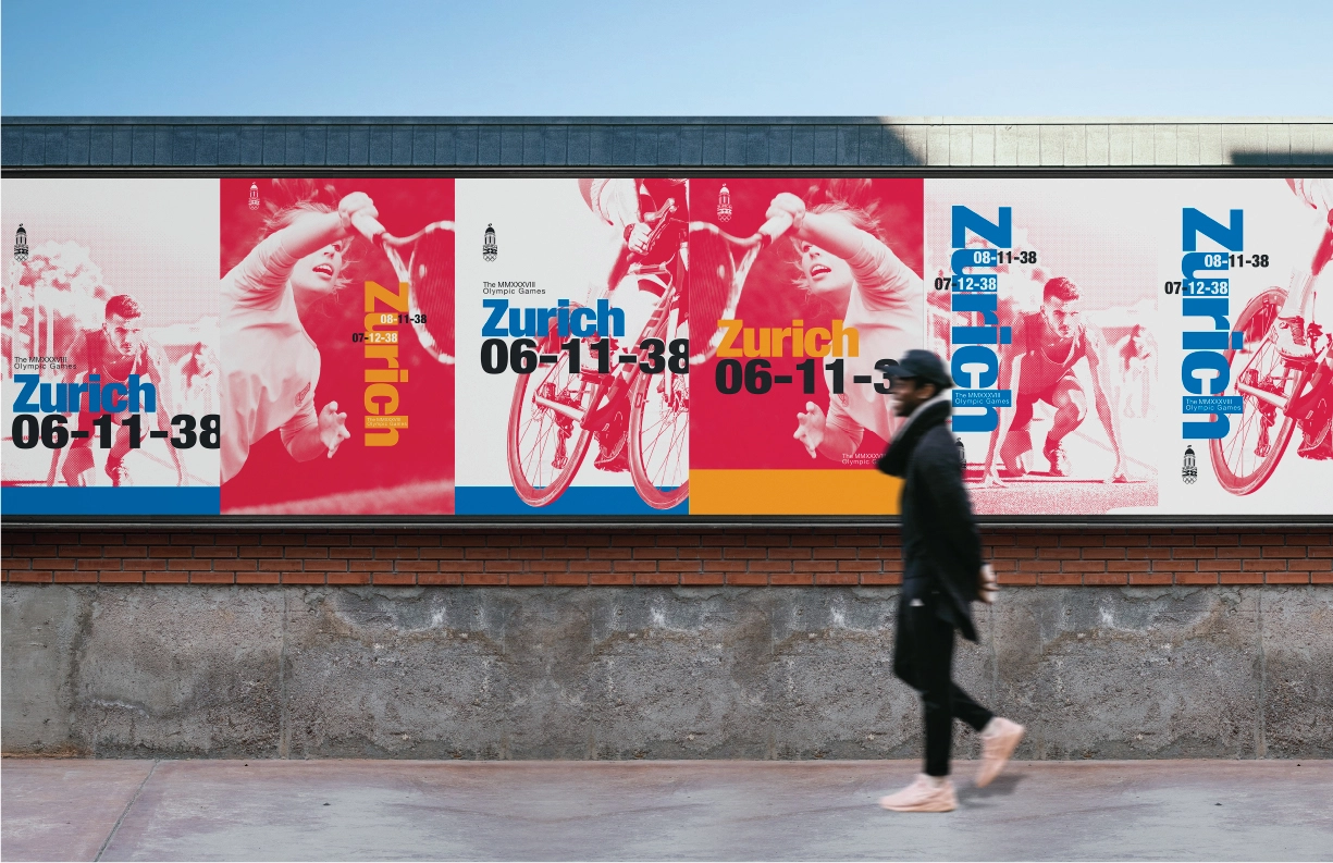 A series of vibrant posters for the Zurich 2038 Winter Olympic Games displayed on an outdoor wall. The designs feature Swiss-style minimalism with bold typography, dynamic images of athletes in action, and a cohesive color palette of red, blue, yellow, and white. Each poster highlights a specific sport or event with the text ‘Zurich 06-11-38’ and the Zurich Olympic logo, emphasizing energy and precision. A passerby adds a sense of scale and realism to the scene.