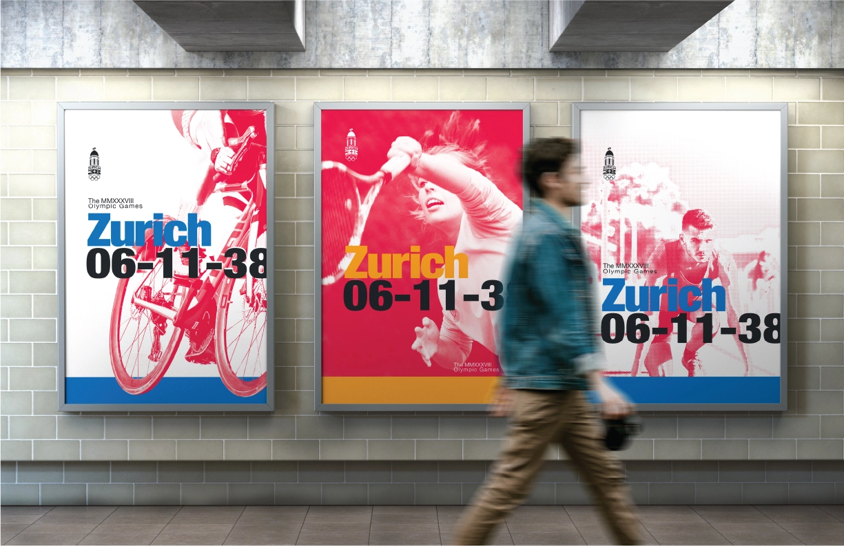 A vibrant display of three posters promoting the Zurich 2038 Winter Olympic Games in a subway setting. Each poster features dynamic Swiss-style designs with bold typography and halftone imagery of athletes in action. The left poster highlights a cyclist with blue and red accents and the text “Zurich 06-11-38.” The center poster showcases a tennis player in motion, emphasizing yellow and red tones with “Zurich 06-11-38” text. The right poster depicts a sprinter mid-stride with a minimalist blue and black color scheme and “Zurich 06-11-38.” The composition reflects a cohesive, modern aesthetic with clean lines and dynamic energy. A passerby in a denim jacket adds movement and realism.