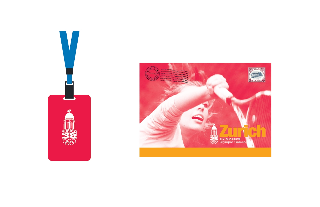A design set for the Zurich 2038 Winter Olympic Games featuring two key elements. On the left, a red event badge with a blue lanyard displays the Zurich Olympic logo, showcasing a dome structure with the Swiss cross and Olympic rings. On the right, a promotional postcard highlights a tennis player in action, overlaid with a vibrant red halftone effect. The postcard includes bold yellow typography reading “Zurich” and “The MMXXXVIII Olympic Games,” accompanied by a vintage postage stamp and cancellation mark, combining Swiss design precision with dynamic energy.