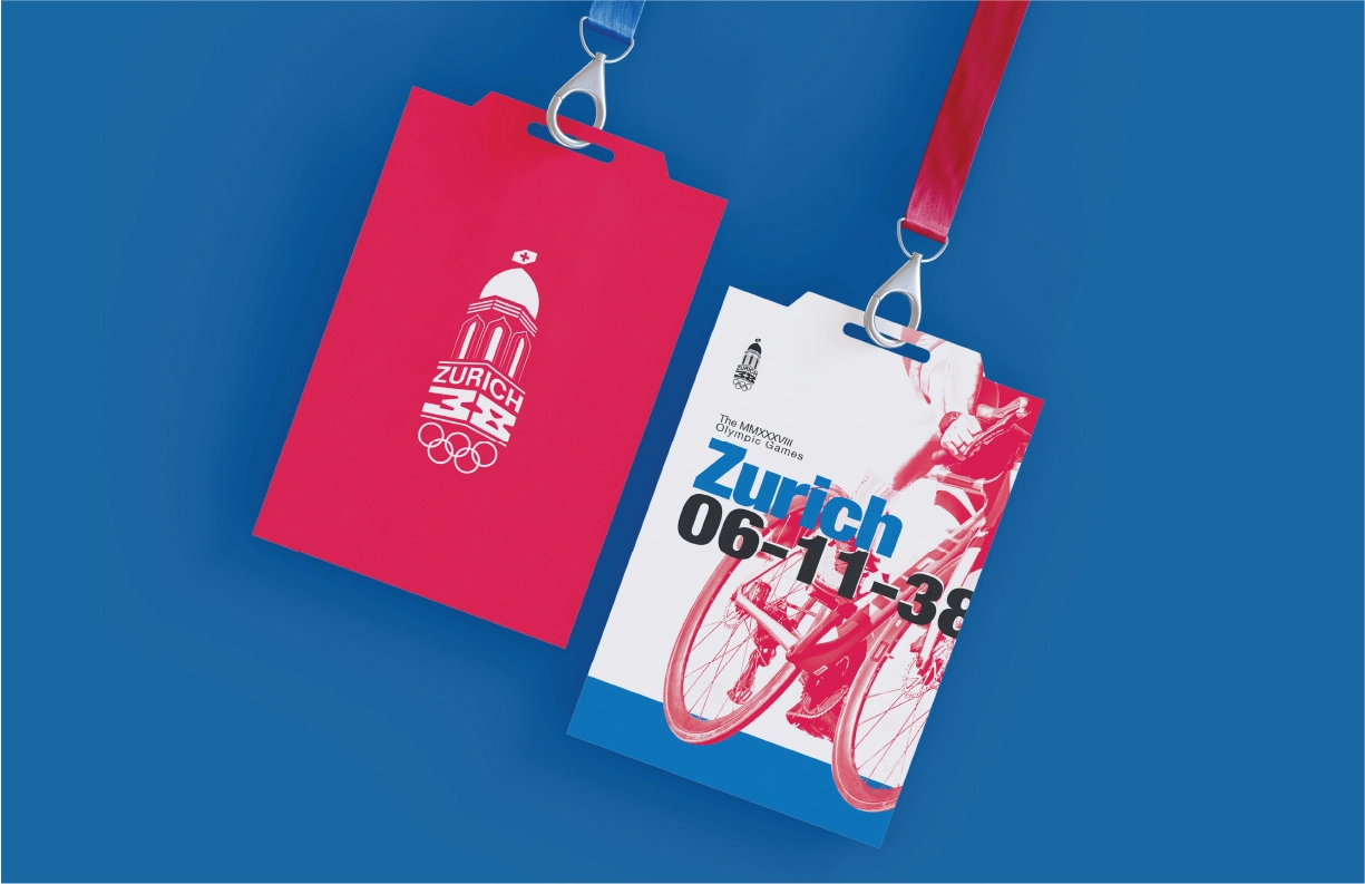Two event passes for the Zurich 2038 Winter Olympic Games, displayed against a bold blue background. The pass on the left features a minimalist red design with the Zurich Olympic logo, including a stylized dome, Swiss cross, and Olympic rings in white. The pass on the right showcases a dynamic design with an image of a cyclist in red halftone, bold blue and black typography reading ‘Zurich 06-11-38,’ and the Zurich Olympic logo at the top. Both passes are attached to lanyards, one red and one blue, complementing the Swiss-inspired aesthetic of the design.
